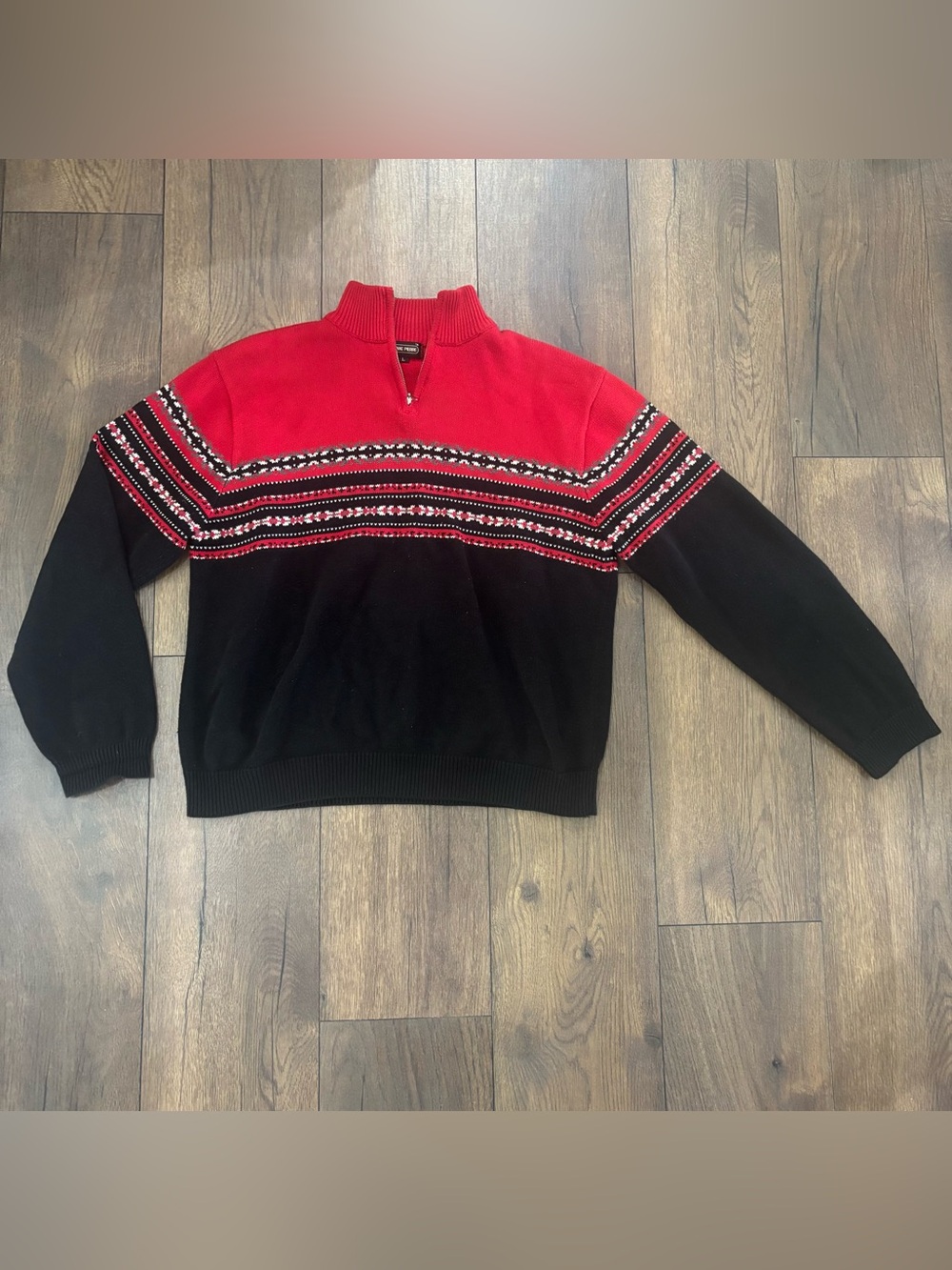 Vintage Jeanne Pierre Quarter Zip Red and Black Sweater, Size Large